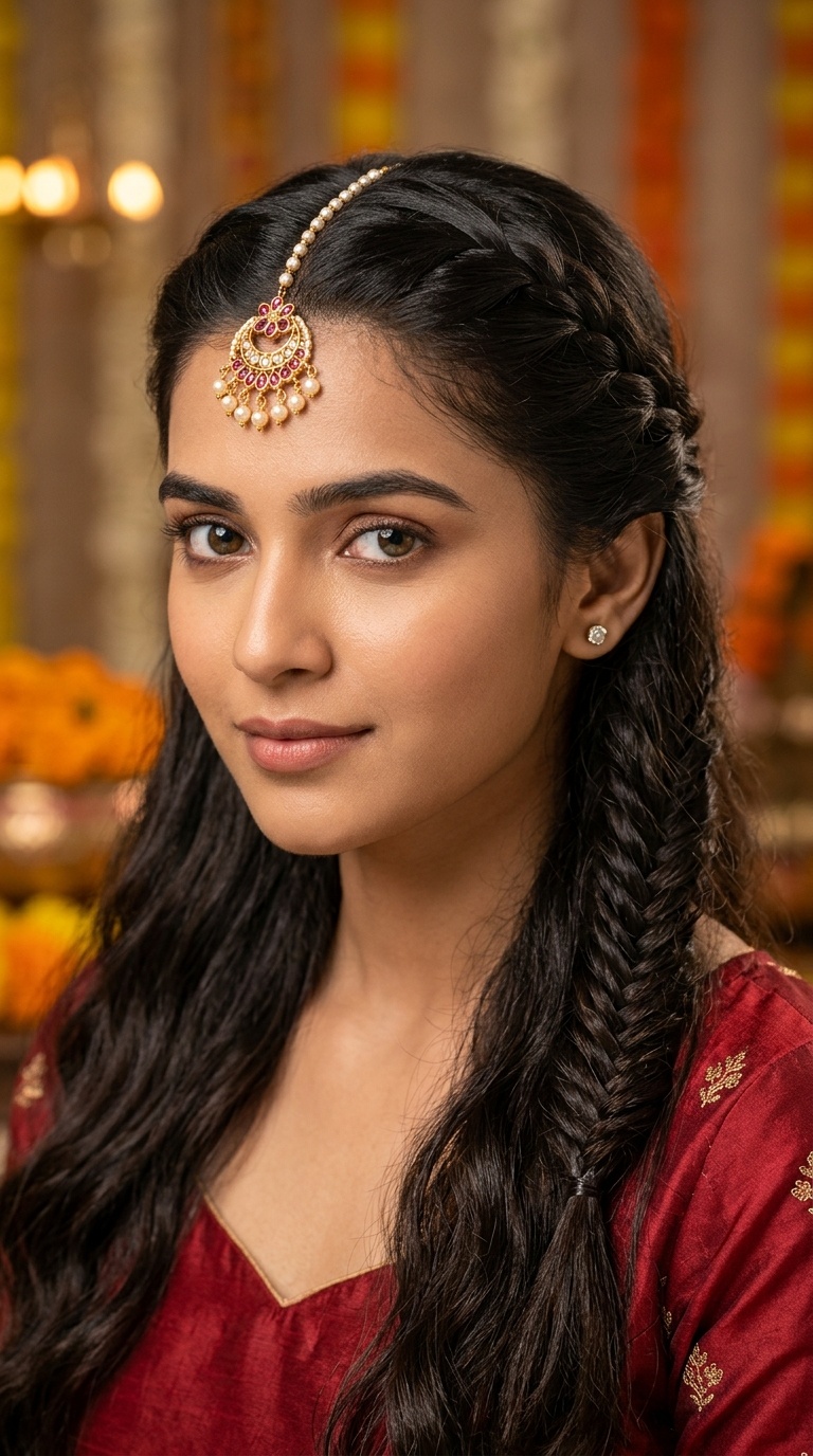 Half-Up Braid with Maang Tikka