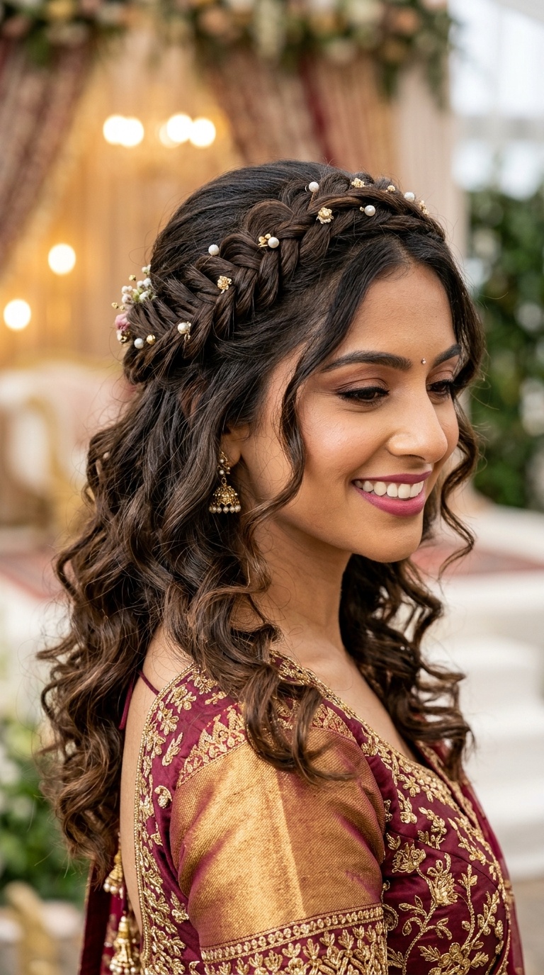 Half-Up Braided Crown with Curls
