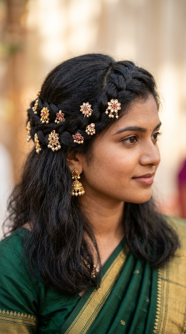 Half-Up Braided Crown with Gold Pins