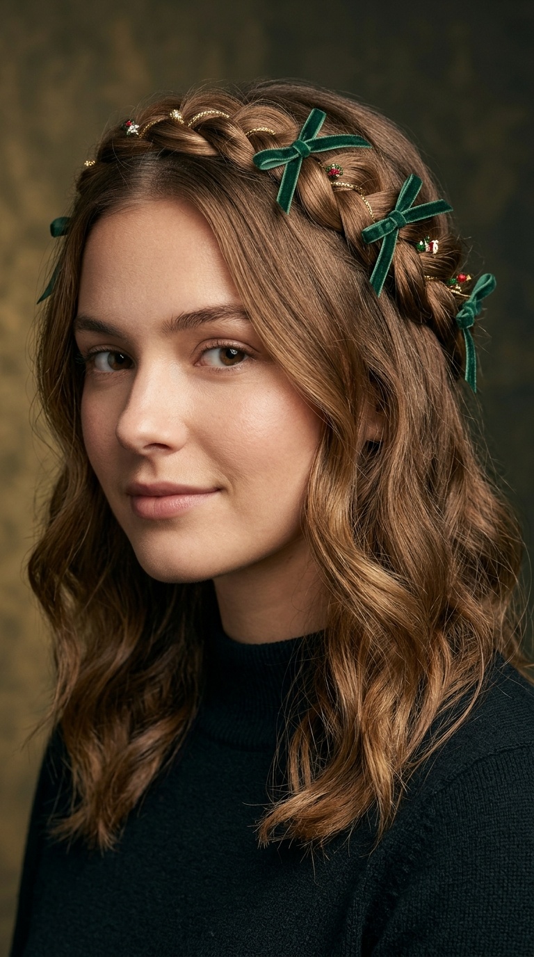 Half-Up Braided Crown with Ribbon