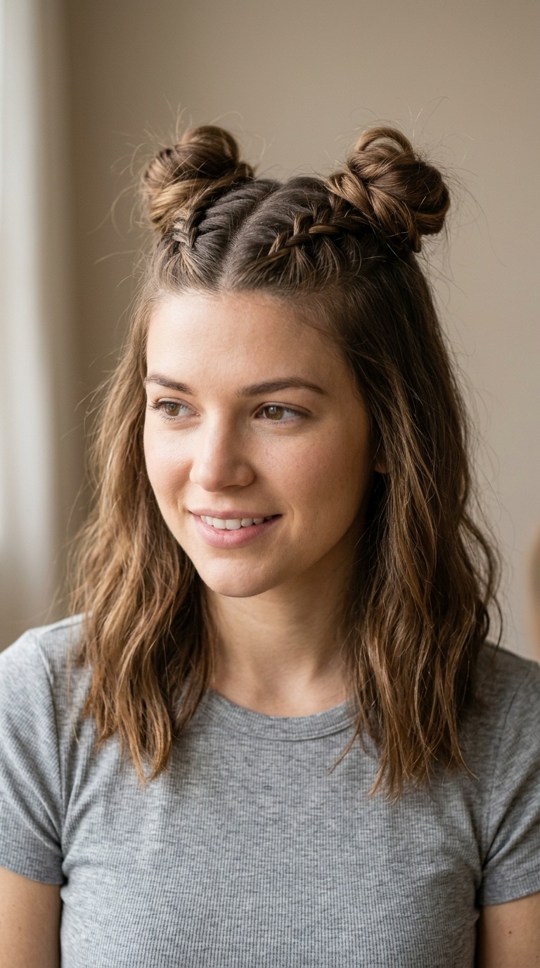 Half-Up Braided Space Buns