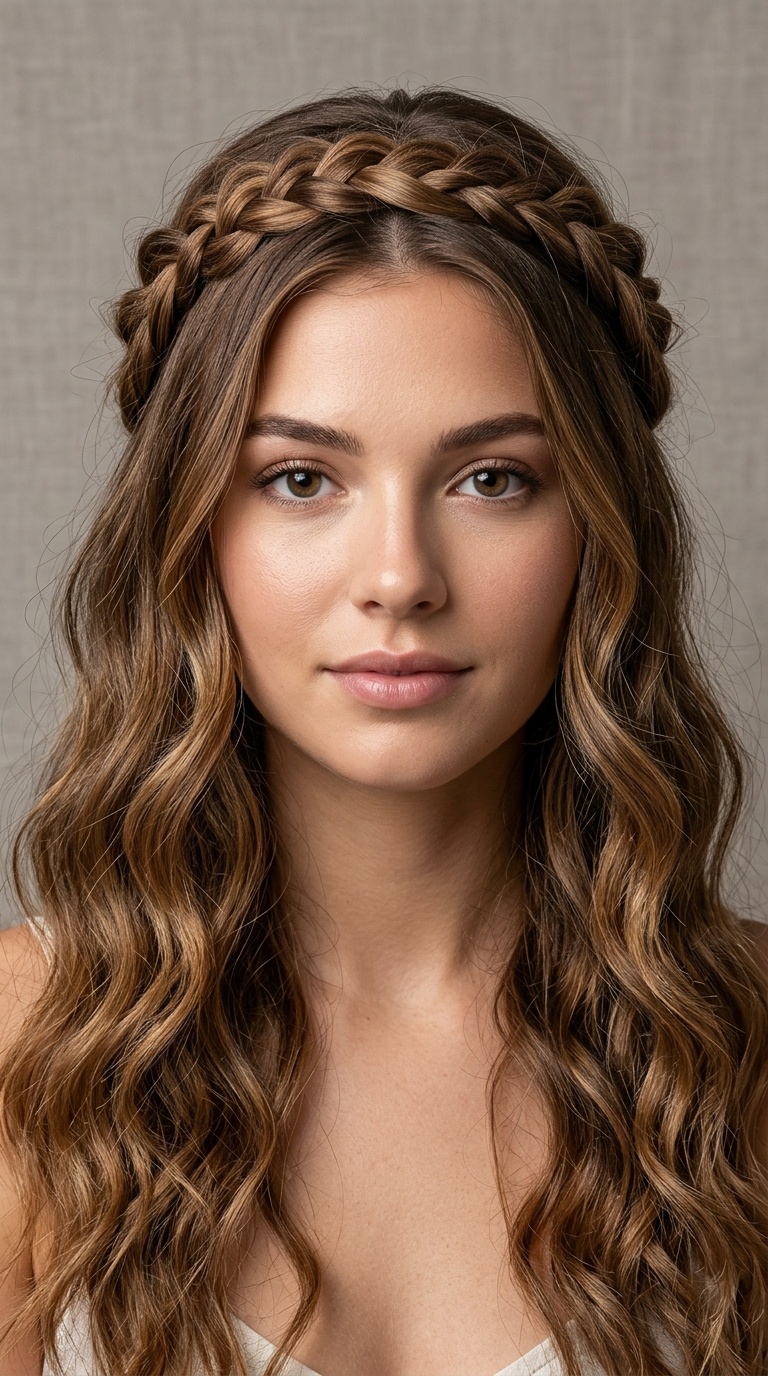Half-Up Crown Braids with Soft Beachy Waves