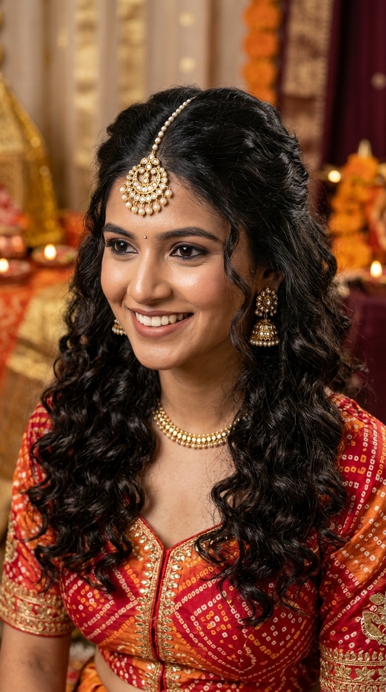 Half-Up Curls with Maang Tikka