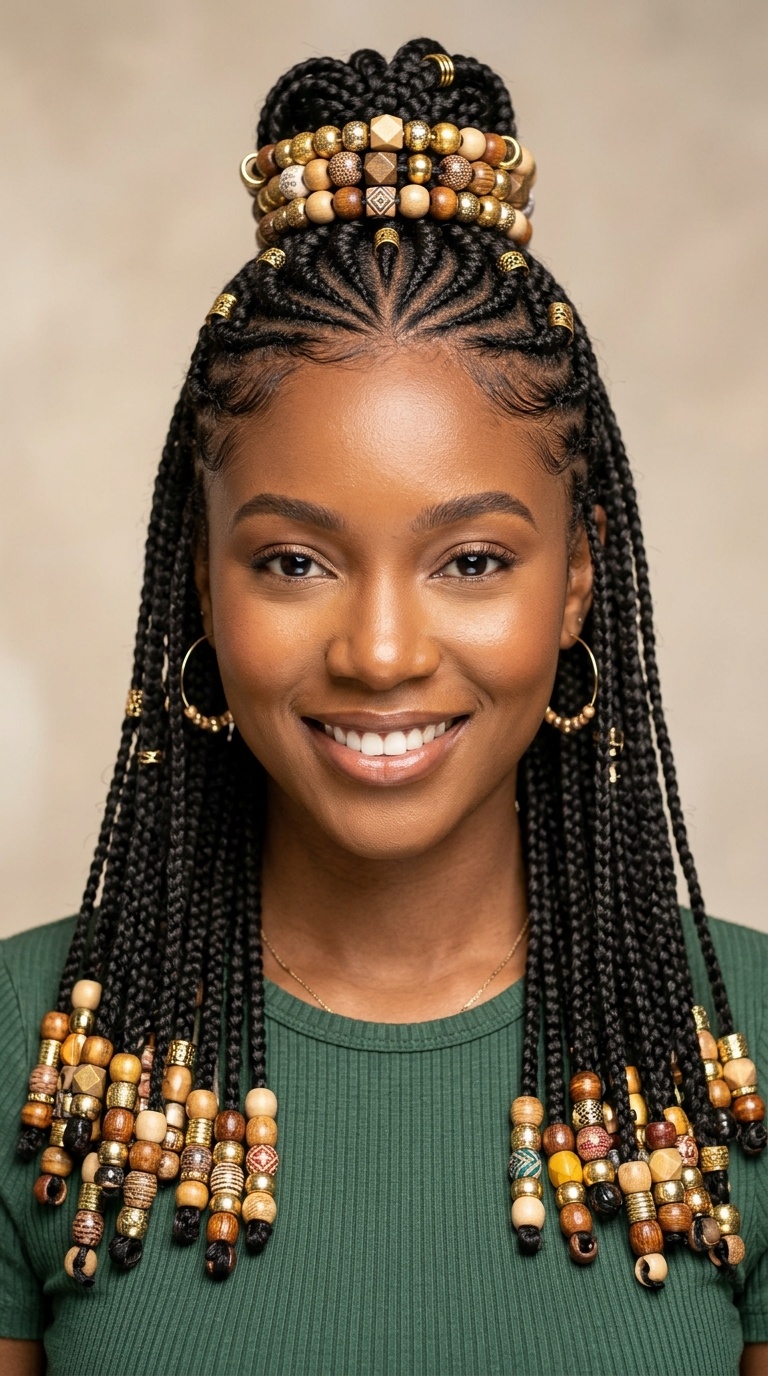 Half-Up Half-Down Beaded Feed-in Braids