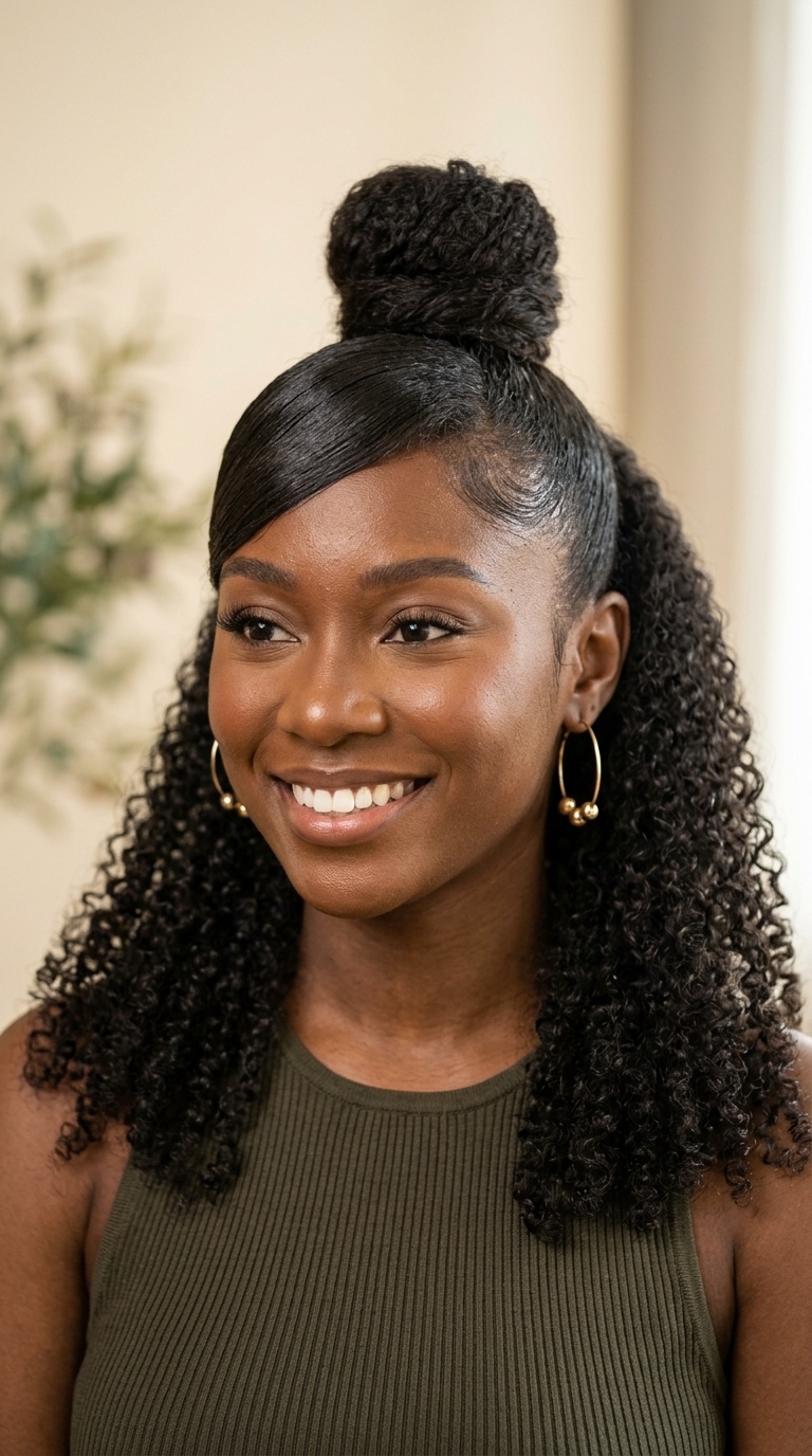Half-Up Half-Down Bun with Side-Swept Bangs