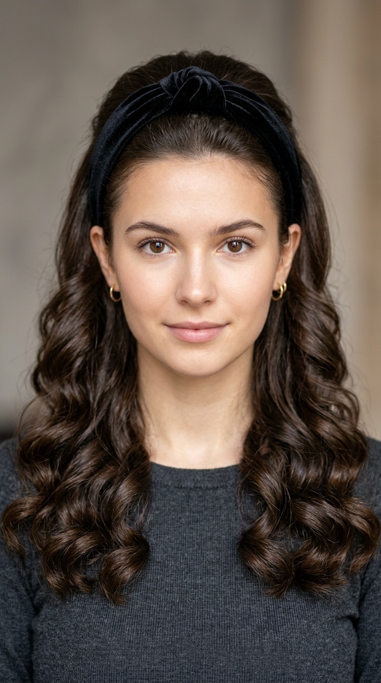 Half-Up Half-Down Ribbon Curls with a Velvet Knotted Band