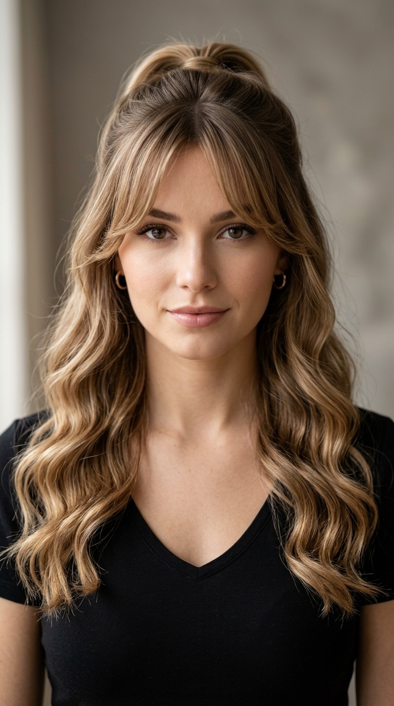 Half-Up Half-Down Waves with Curtain Bangs