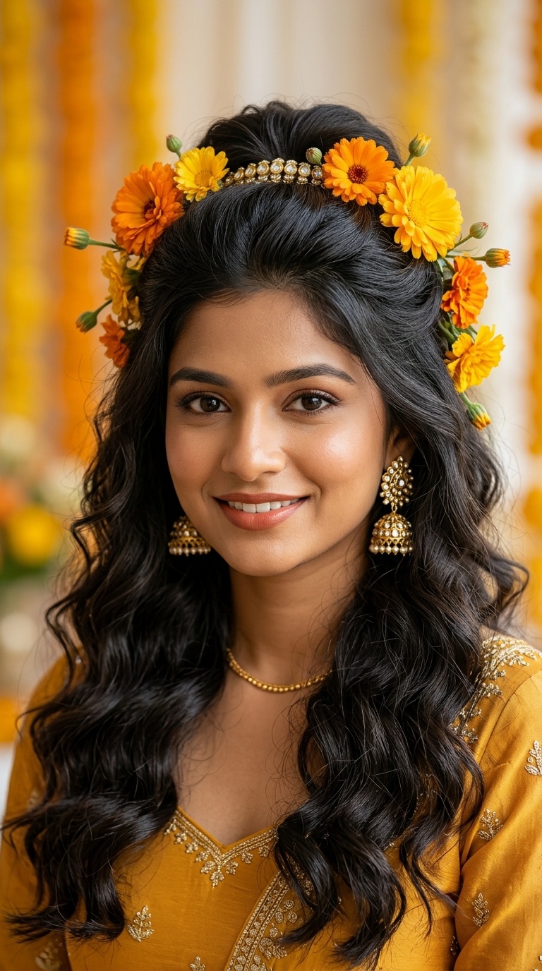 Half-Up Half-Down Waves with Marigolds