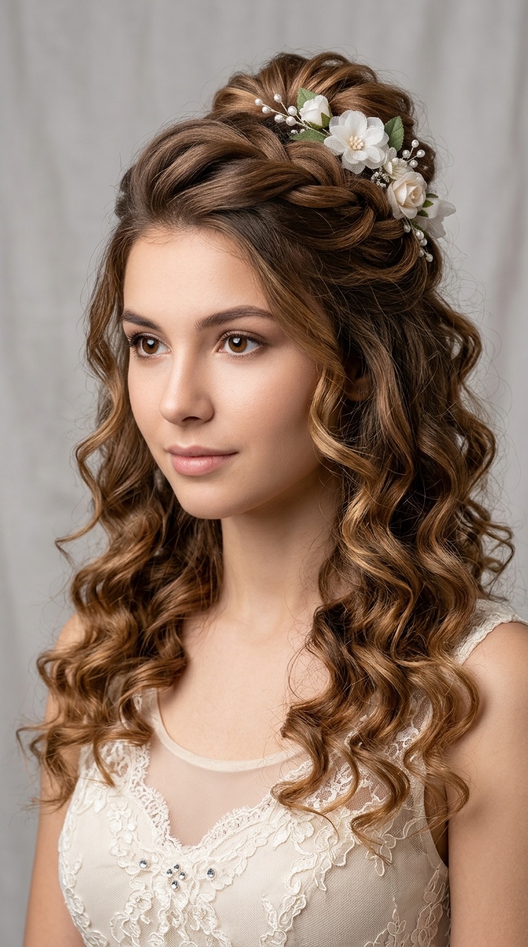 Half-Up Half-Down with Floral Accents