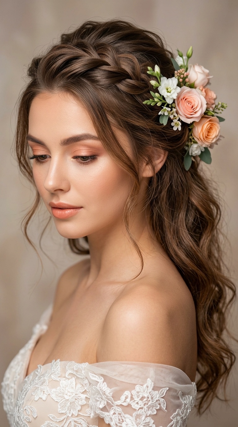 Half-Up Half-Down with Floral Accents and Peachy Tones