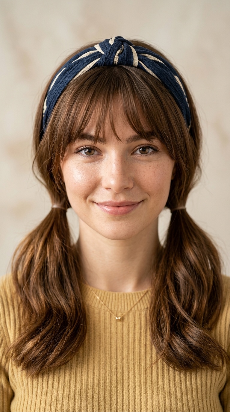 Half-Up Pigtails with Face-Framing Bangs and Knotted Headband