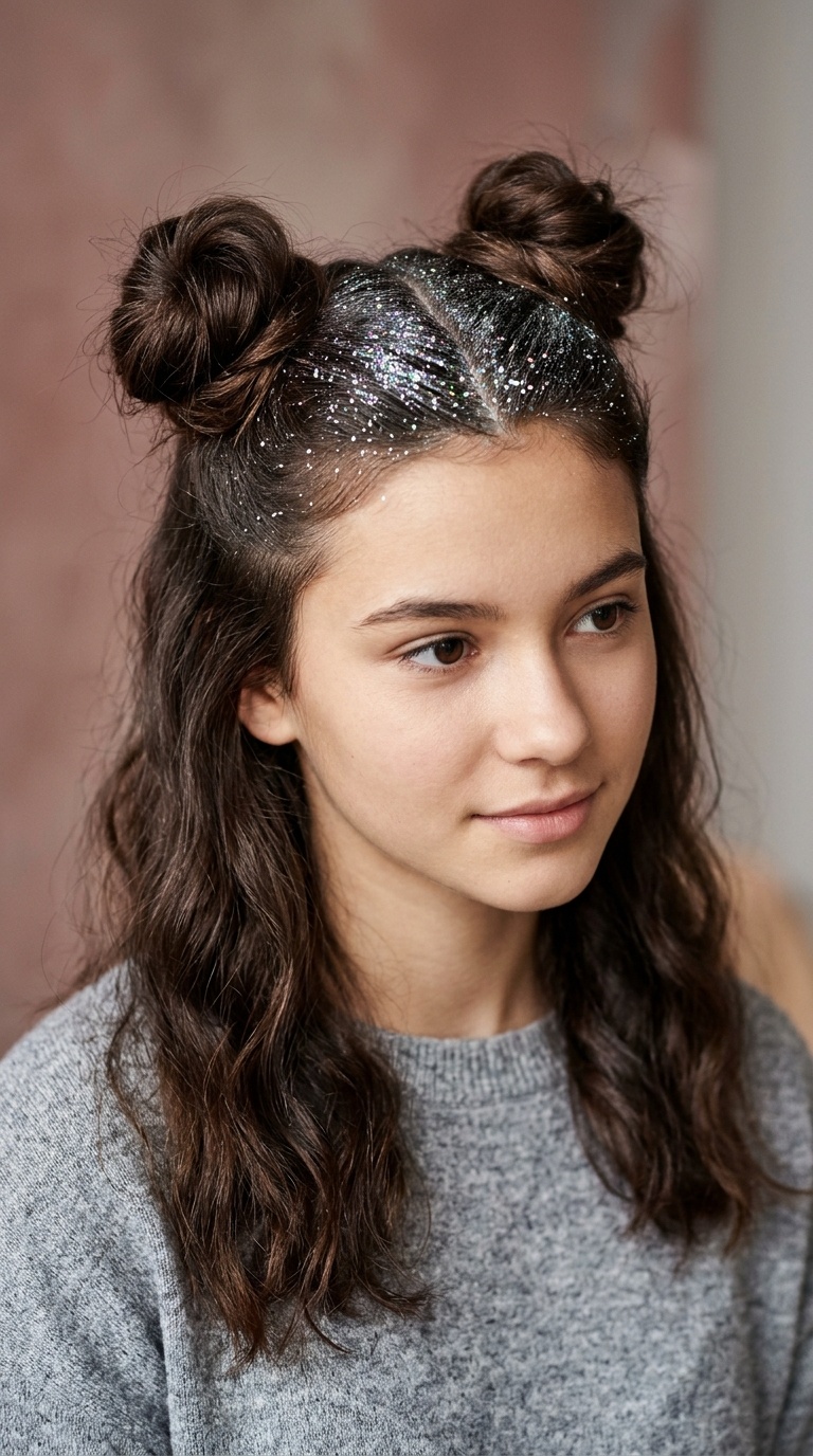 Half-Up Space Buns with Glitter Roots