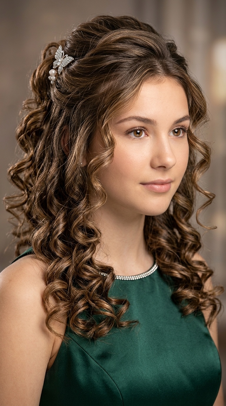 Half-Up Spiral Curl Cascade