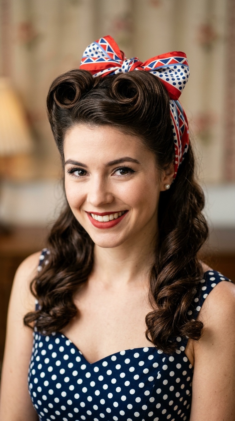 Half-Up Victory Rolls with a Scarf Bow