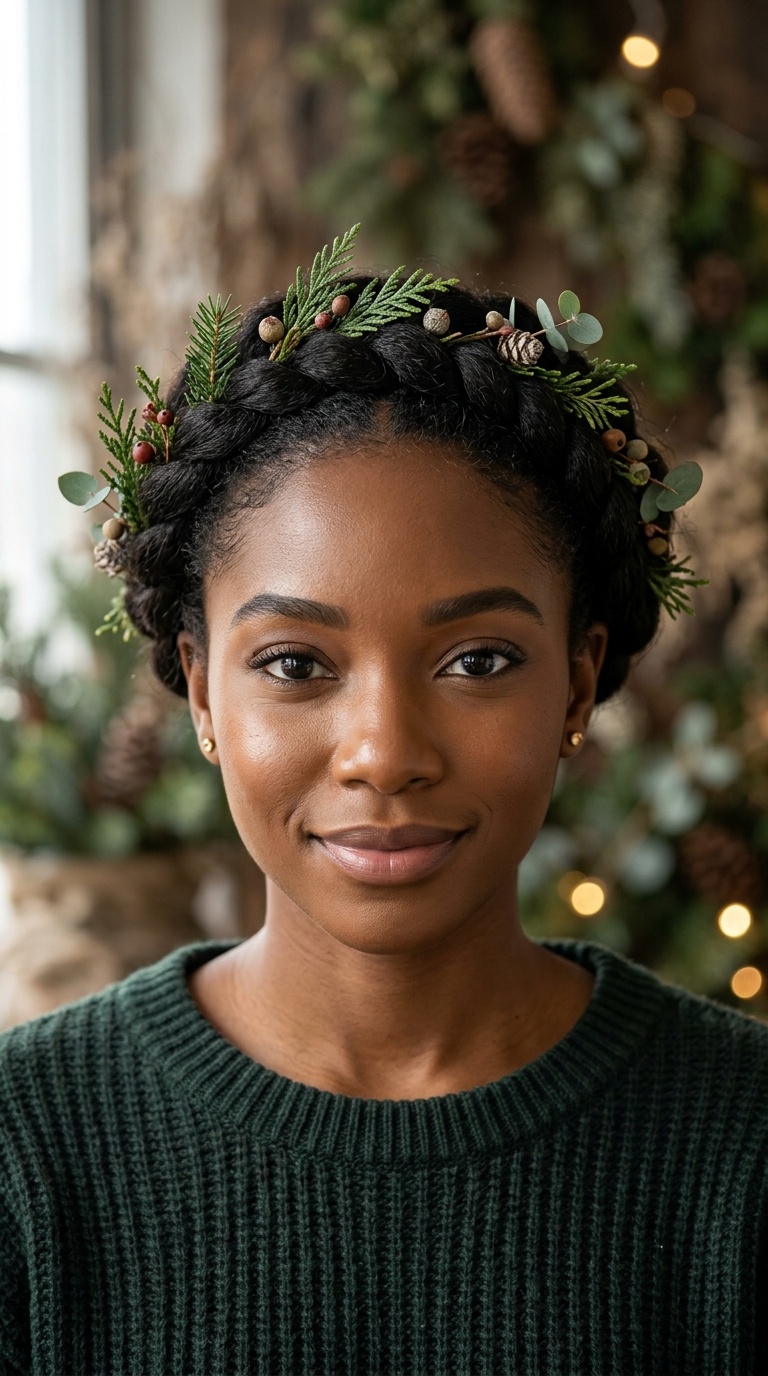 Halo Braid with Fresh Winter Greenery