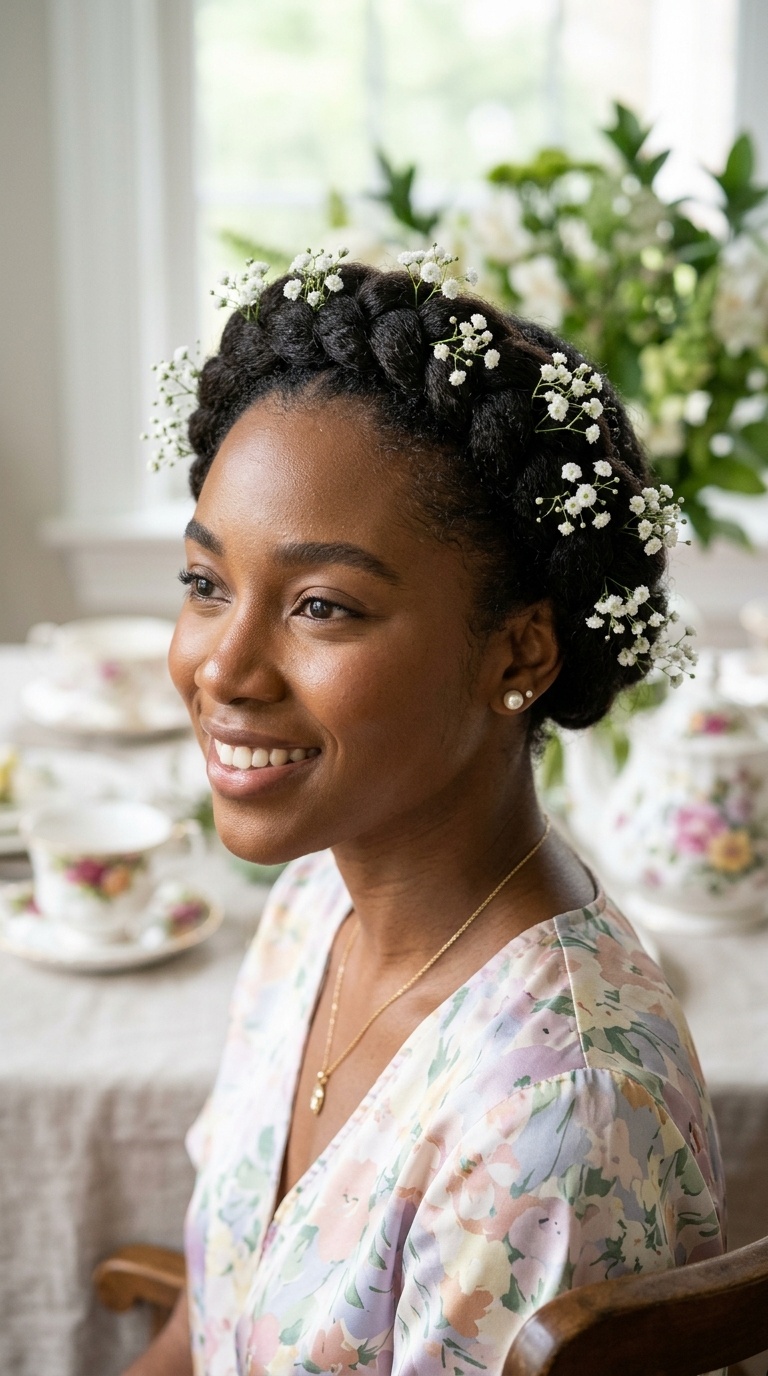 Halo Braid with Tucked Baby’s Breath