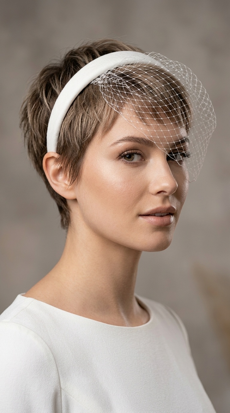 Headband-Wrapped Pixie with Minimalist Birdcage