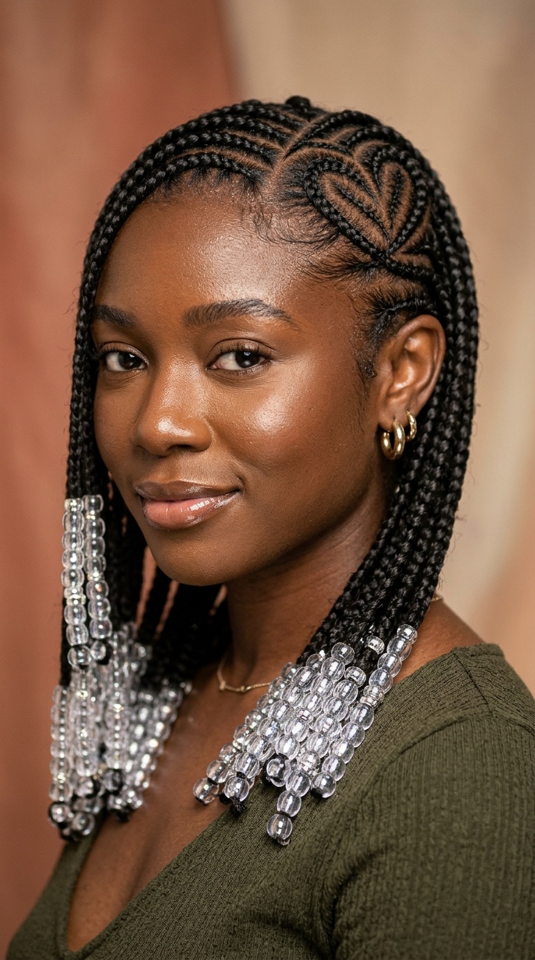 Heart-Patterned Cornrows with Clear Cooty Beads