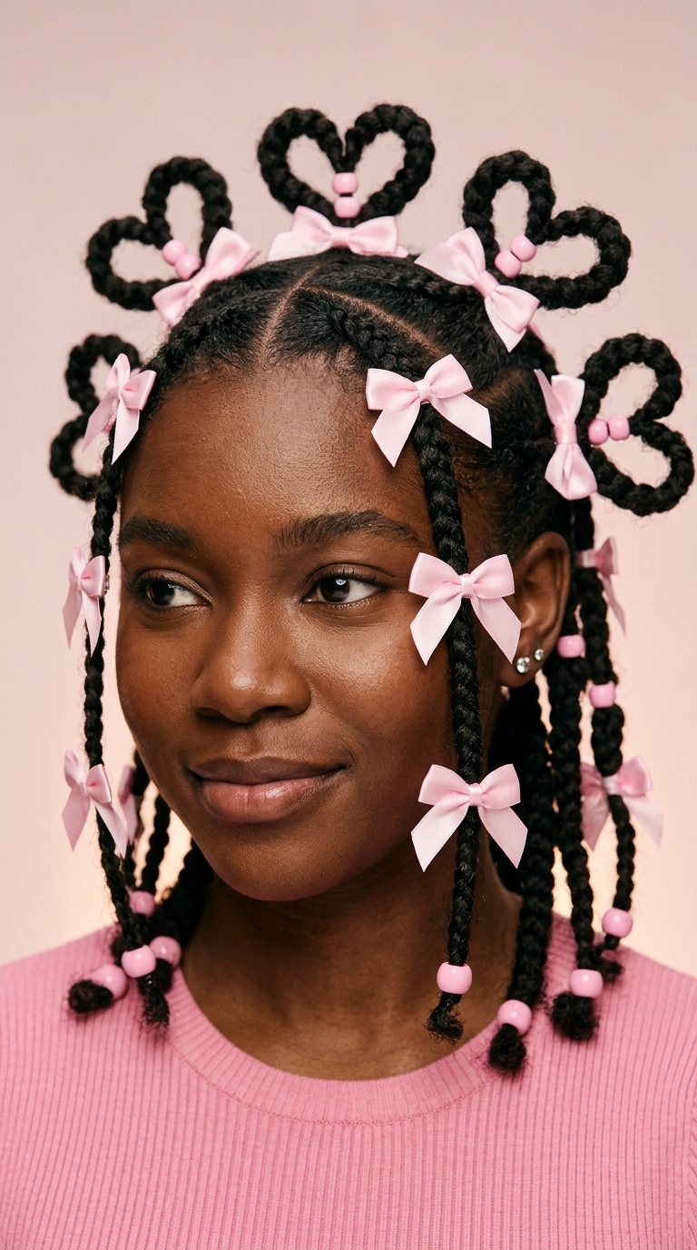 Heart-Shaped Braids with Pink Bows