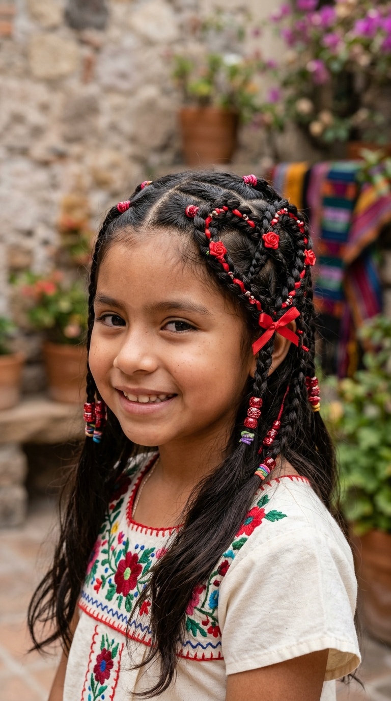 Heart-Shaped Braids with Red Accents