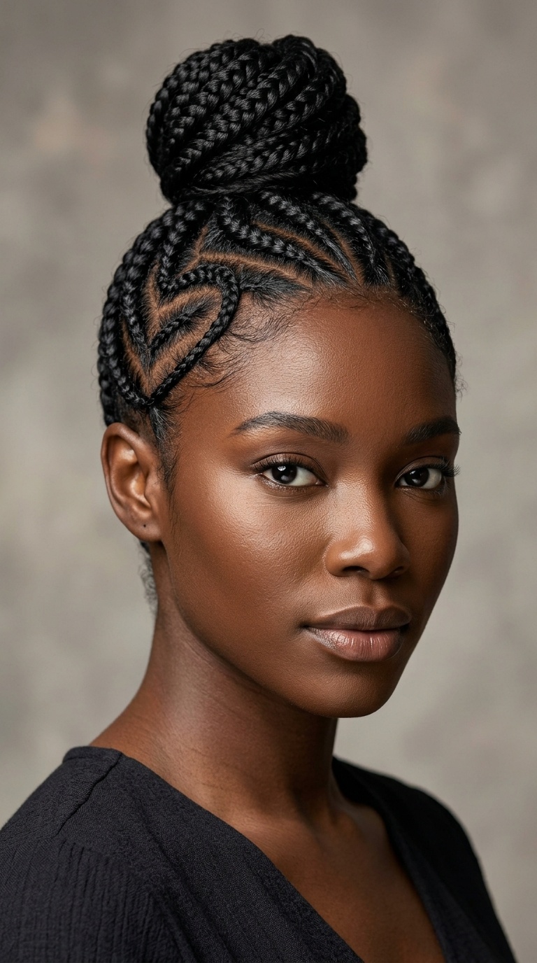 Heart-Shaped Side Cornrows into a Top Knot