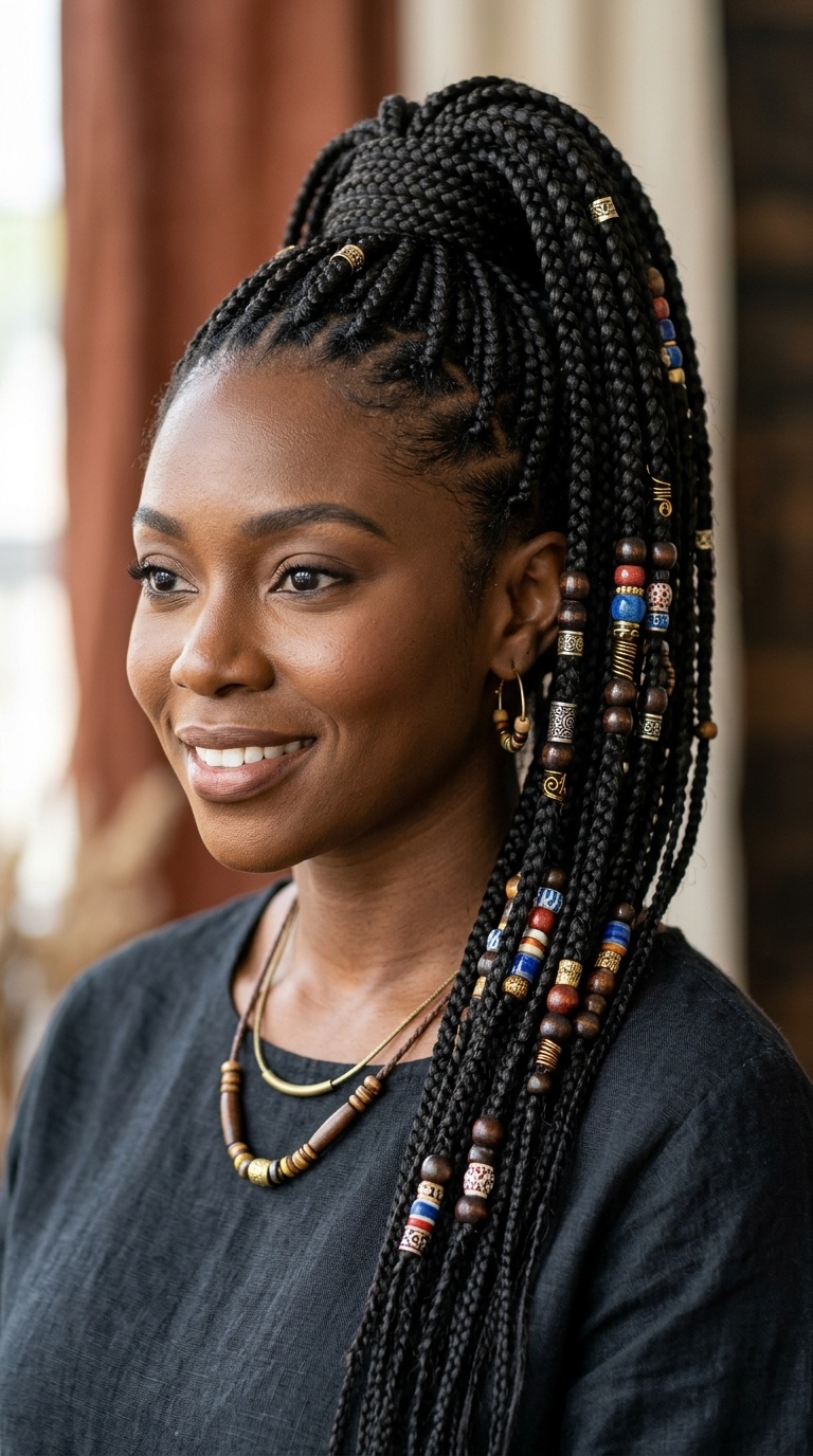 High Braided Ponytail with Tribal Beads