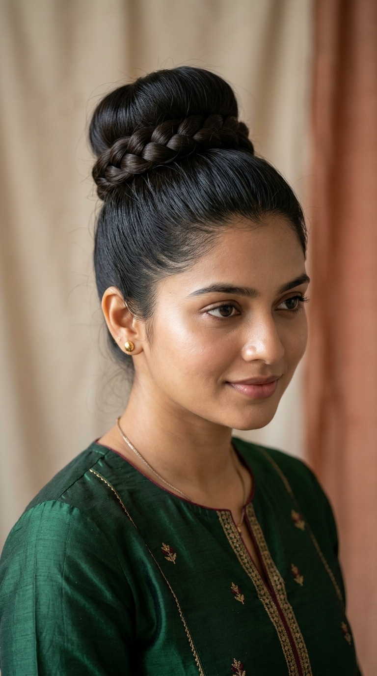 High Bun with a Braided Base