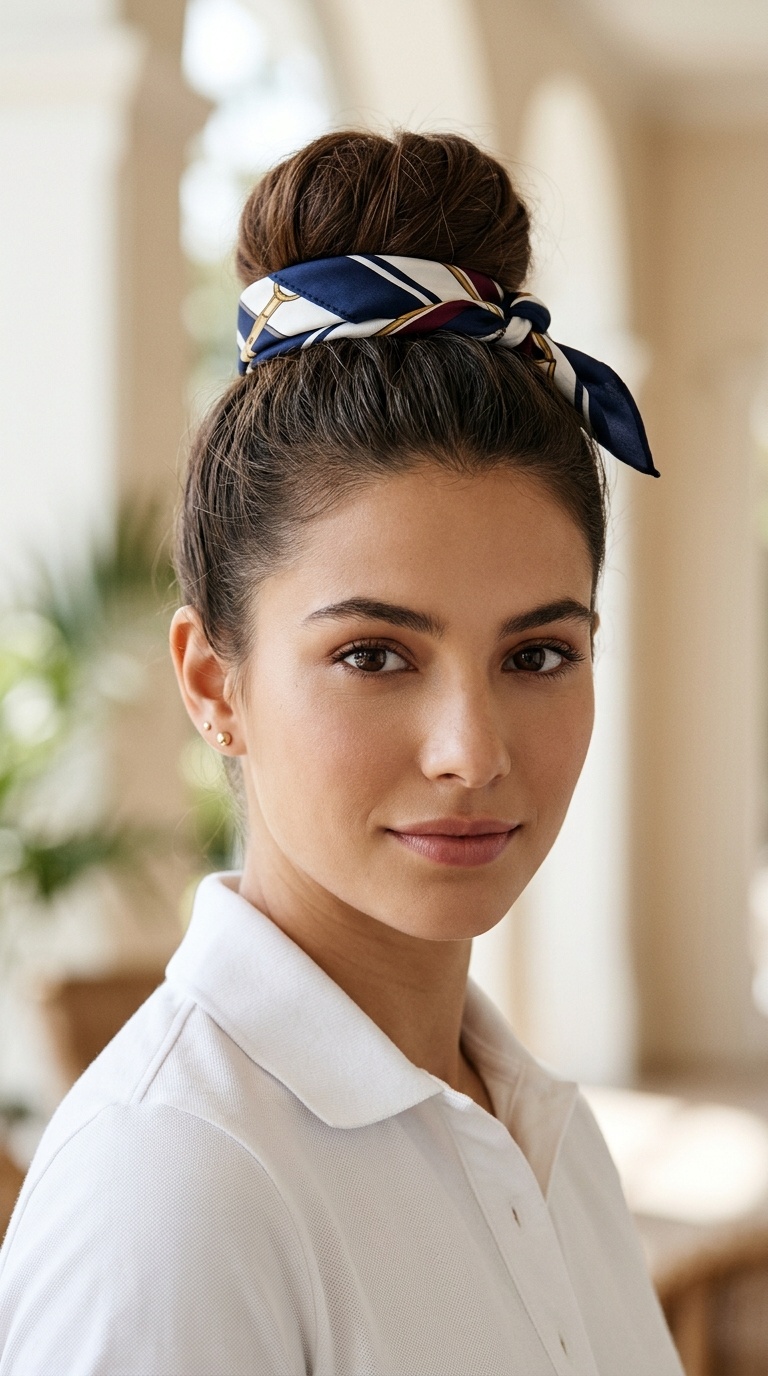 High Bun with a Scarf Wrap