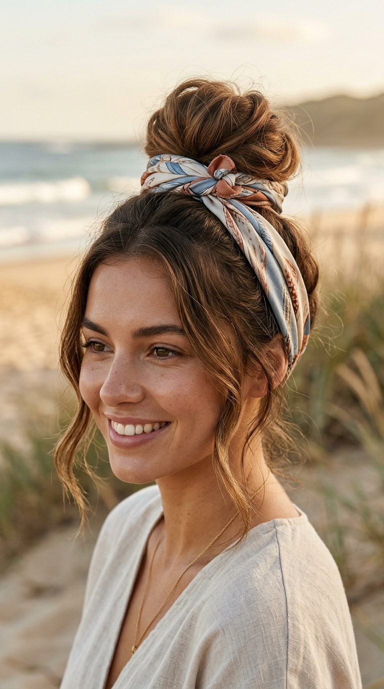 High Bun with a Silk Scarf