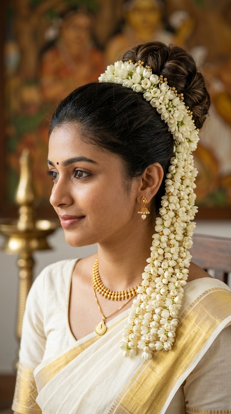 High Bun with Cascading Jasmine Tassels