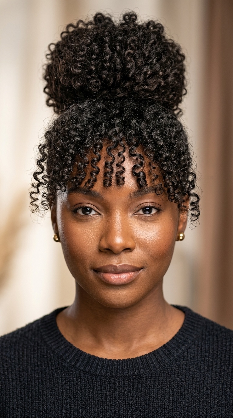 High Bun with Curly Bangs