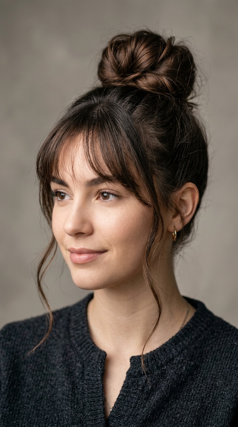 High Bun with Face-Framing Tendrils