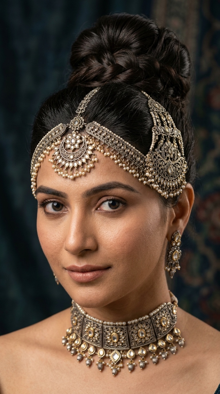 High Bun with Oxidized Matha Patti