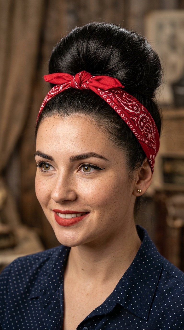High Bun with Rolled Bandana Crown