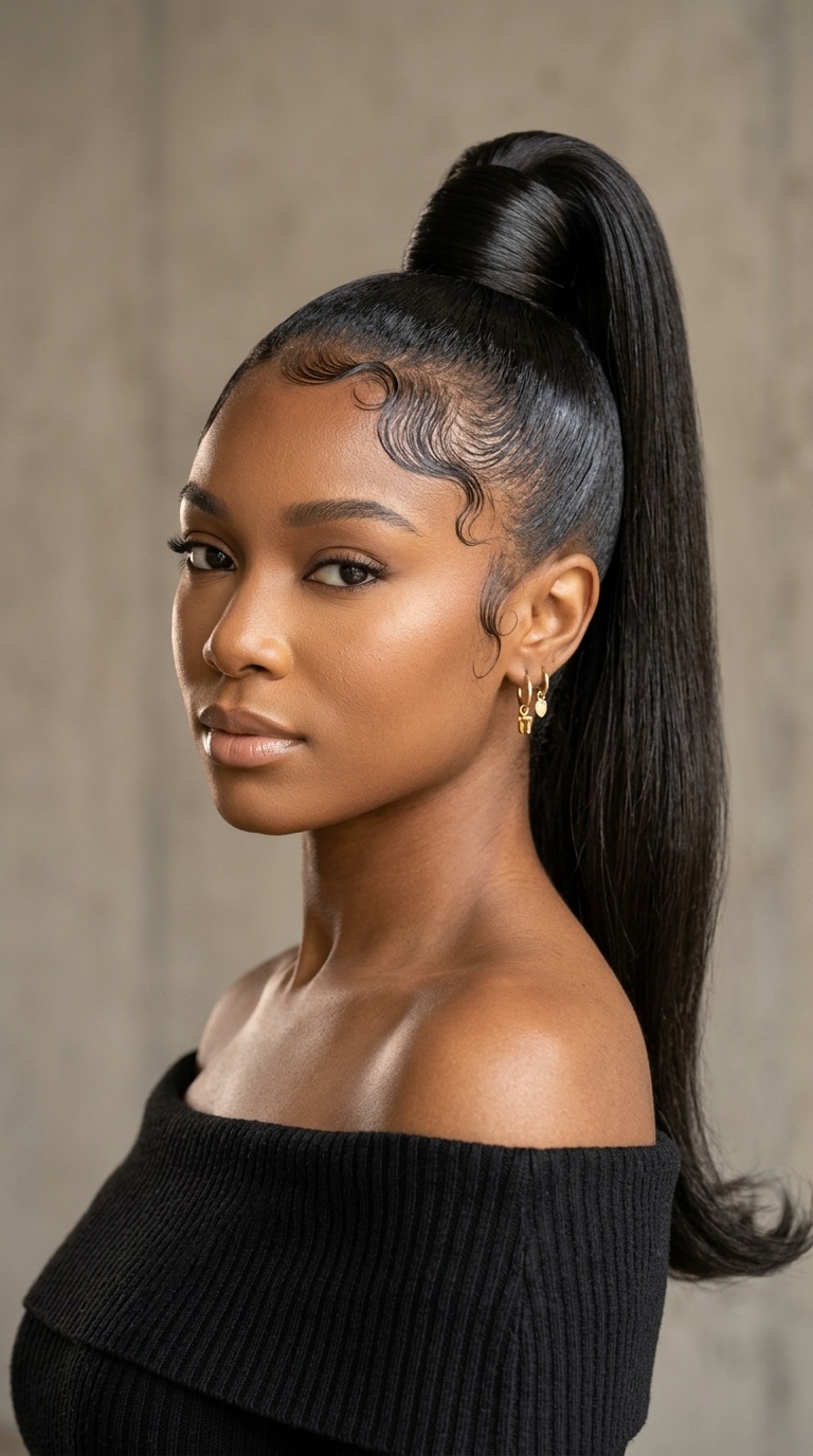 High Genie Ponytail with Swirled Edges