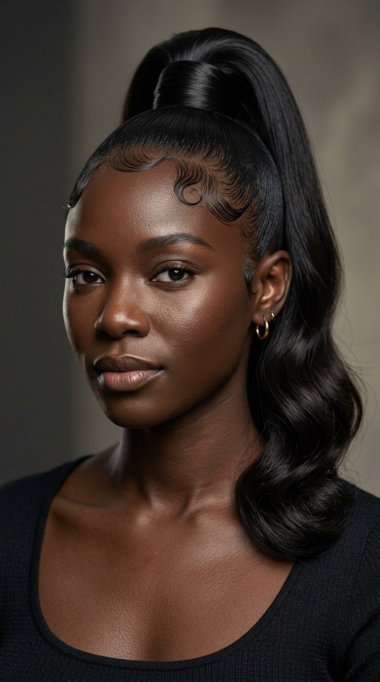 High Genie Ponytail with Swoop Edges