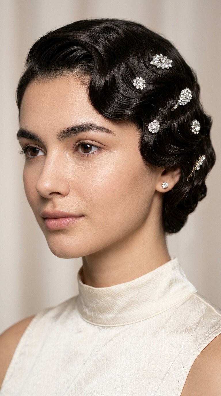 High-Gloss Waves with Crystal Hair Pins