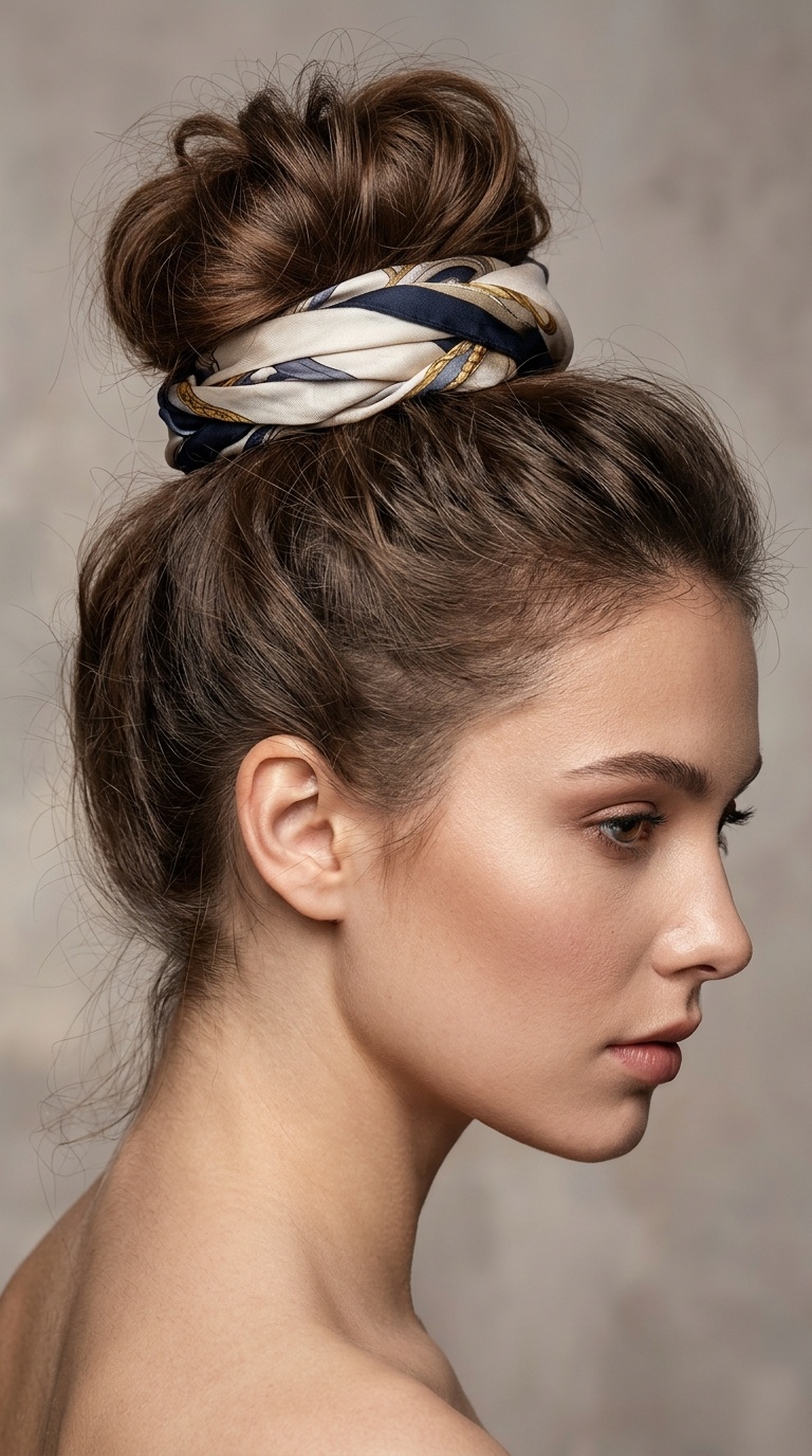 High Messy Bun with Scarf
