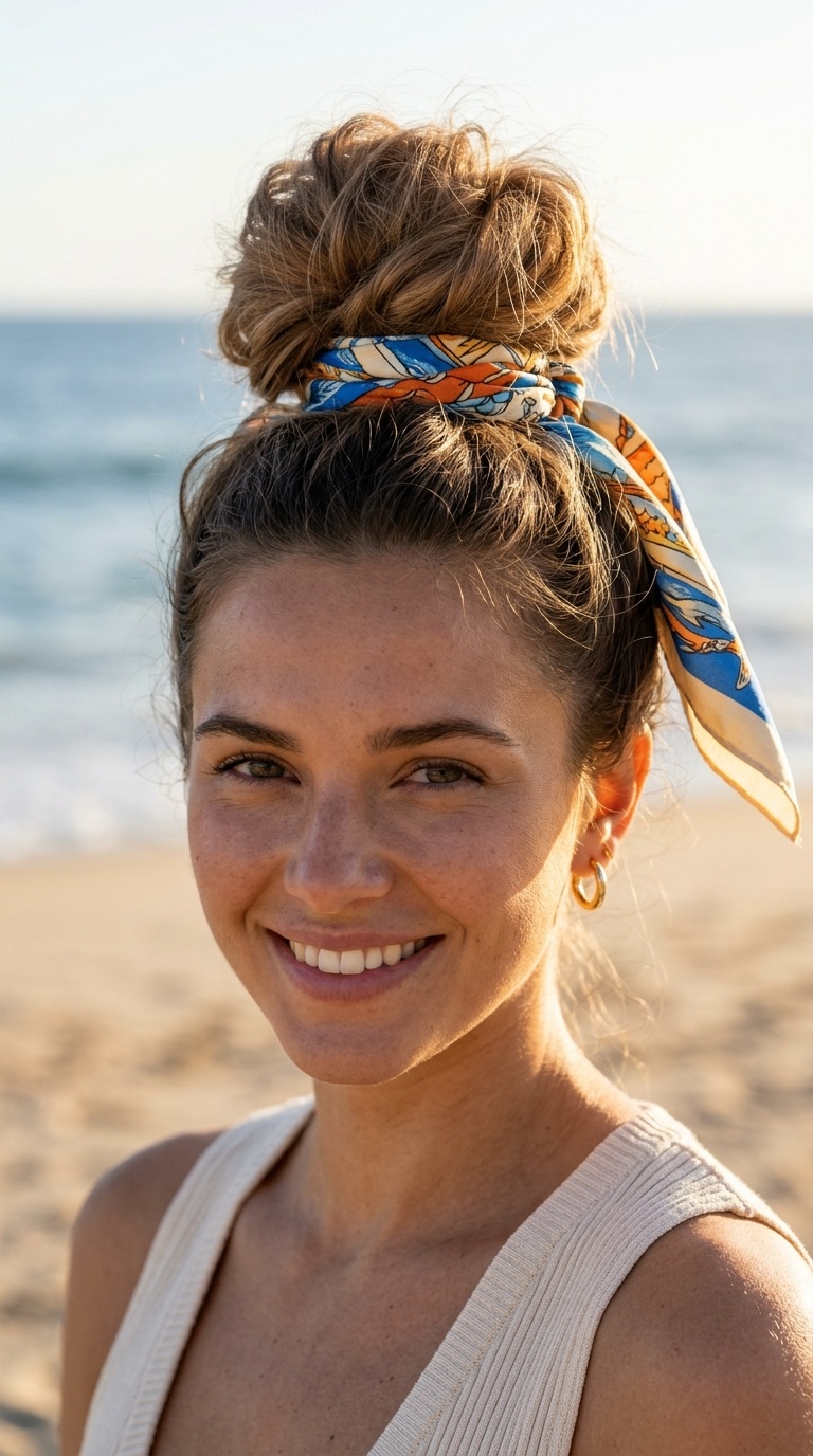 High Messy Top Knot with a Scarf