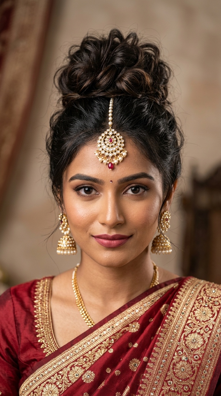 High Messy Top Knot with Maang Tikka