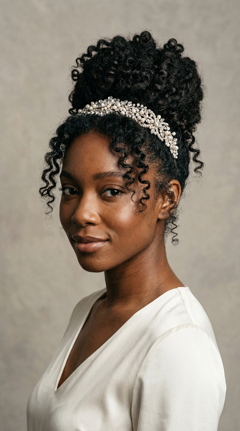 High Pineapple Updo with a Jeweled Headband