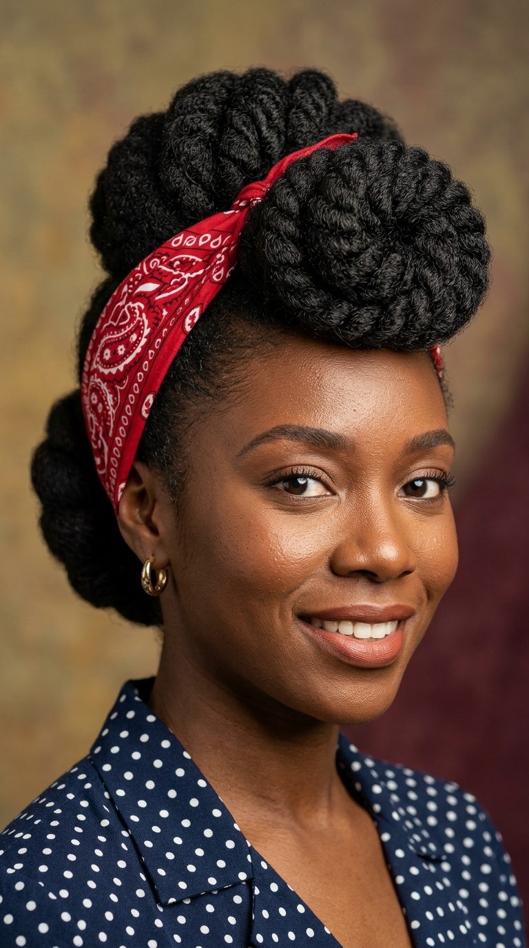 High Pompadour Roll with Tucked Scarf
