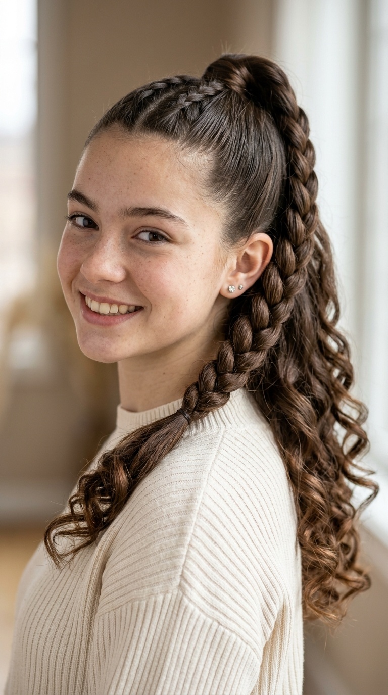 High Ponytail Braid with Loose Curls