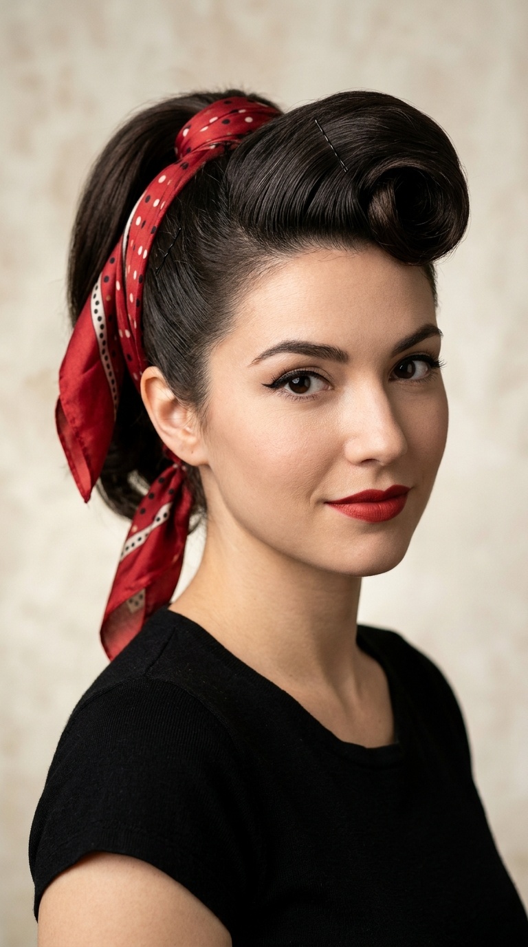 High Ponytail Roll with a Back-Tied Scarf