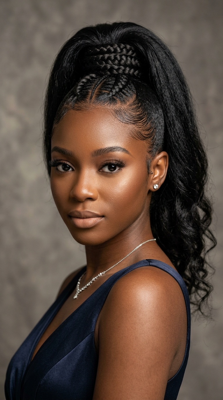 High Ponytail with Braided Base and Sleek Edges