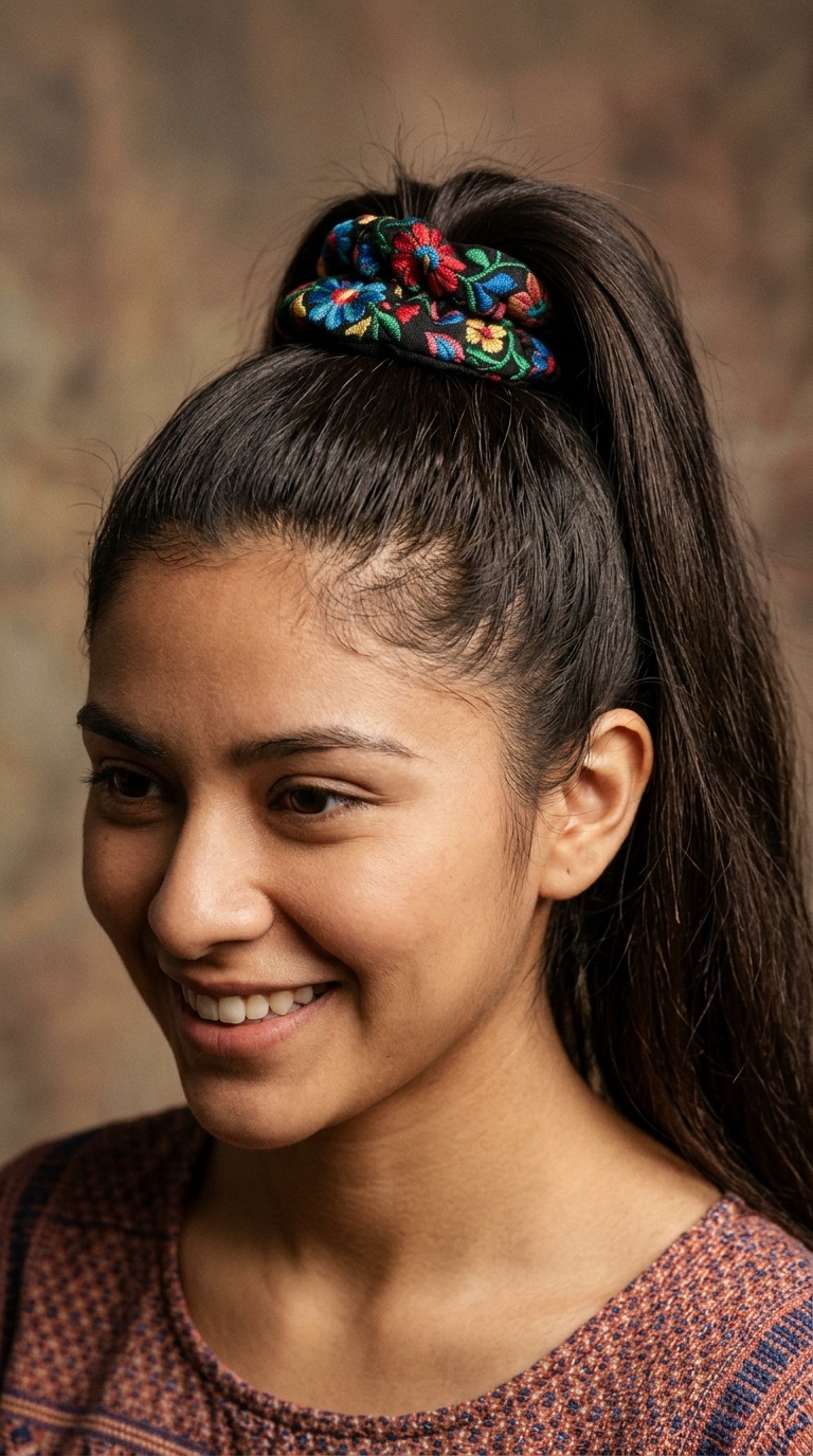 High Ponytail with Embroidered Scrunchie