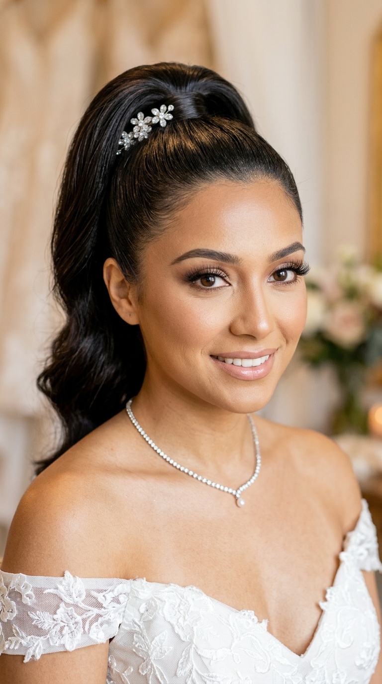 High Ponytail with Statement Lashes and Nude Lips