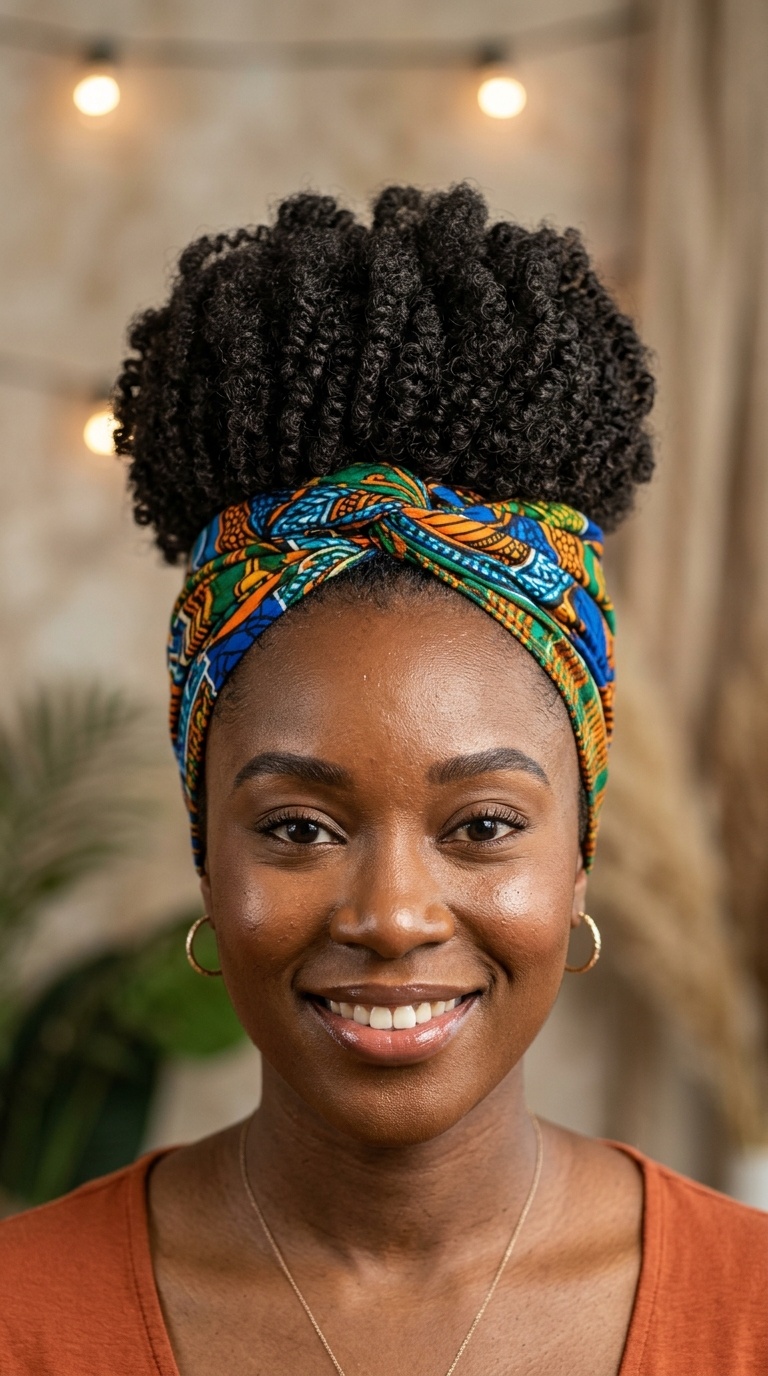 High Puff with a Patterned Headwrap