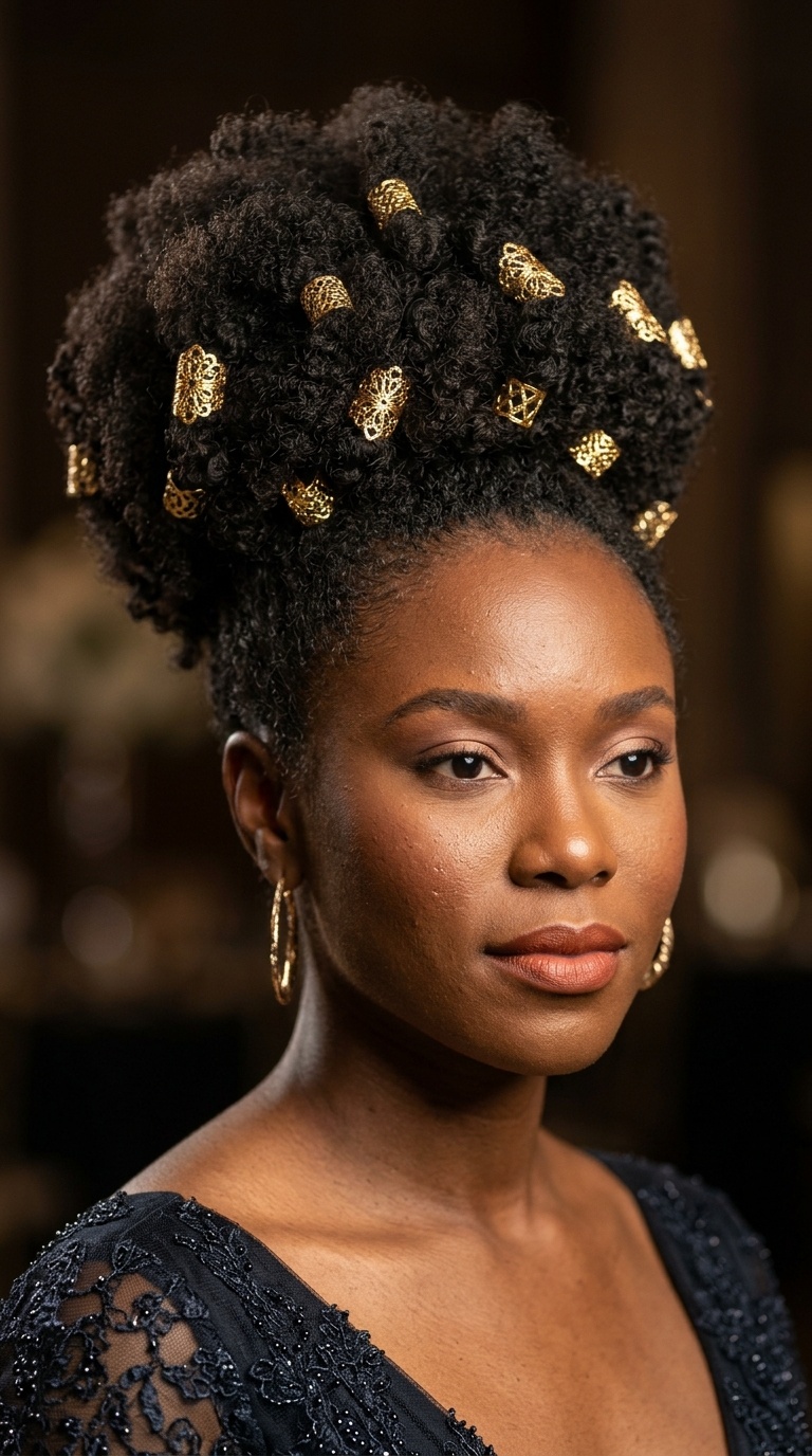 High Puff with Gold Hair Cuffs