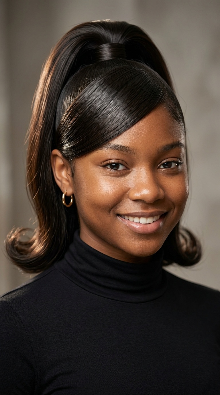 High Silk Press Ponytail with Swoop Bang